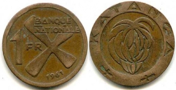 (1961) Монета Катанга 1961 год 1 франк &quot;Бананы&quot;  Бронза  VF